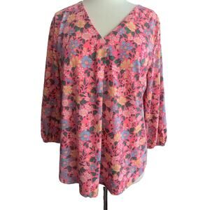 Kim Rogers Pink Floral V-Neck Top Size M